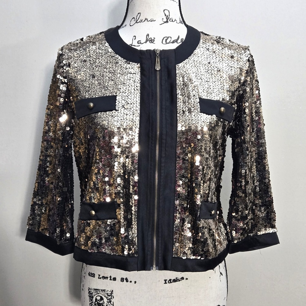Michael Simon Women's Black & Gold‎ Sequin Shirt Jacket Blazer Blouse Size PS